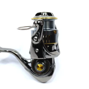 ReelEdge AeroX spinning reel side profile with gunmetal body and gold accents